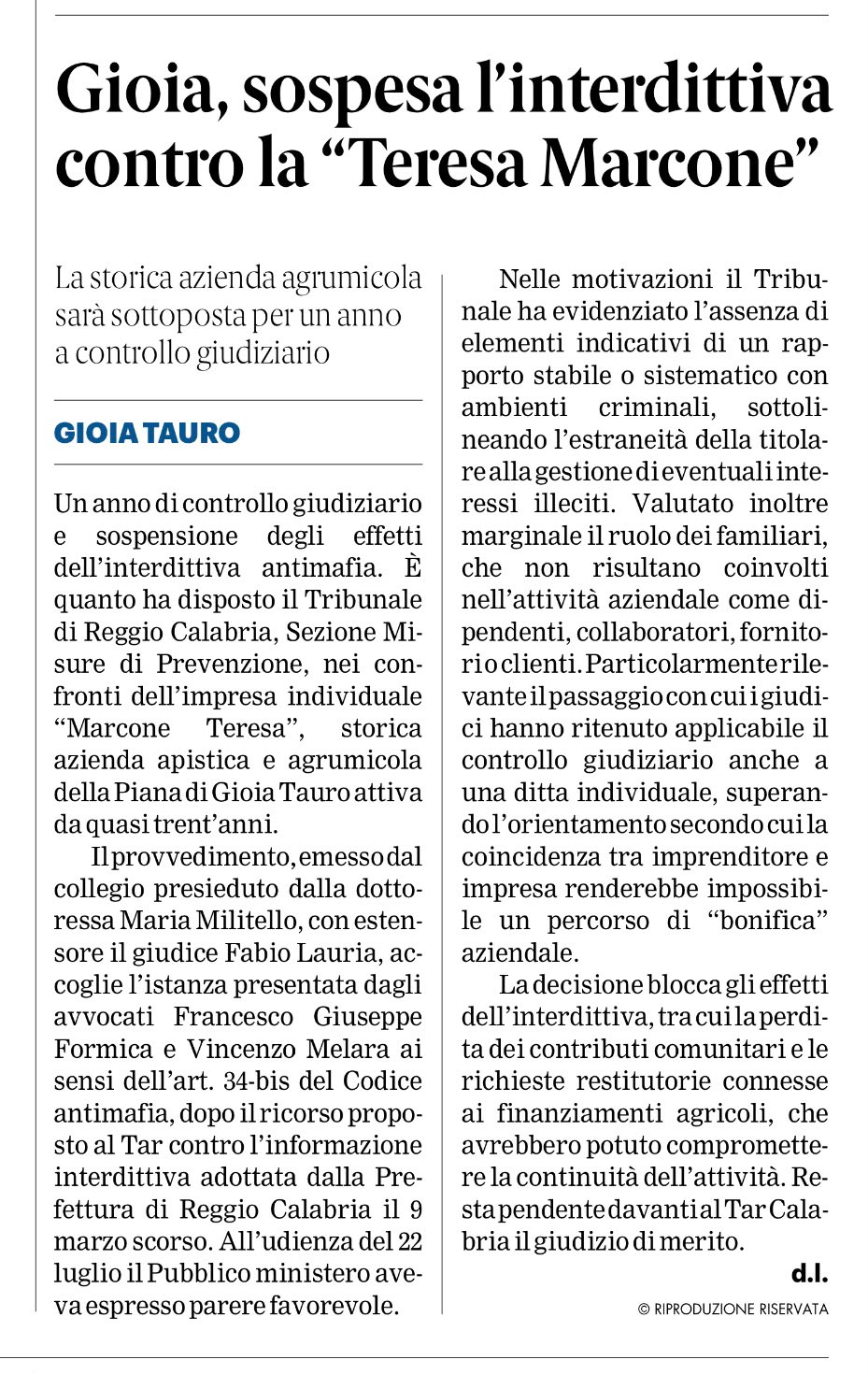 Ritaglio di giornale sulla sospensione dell’interdittiva antimafia a carico di un’azienda agricola di Gioia Tauro
